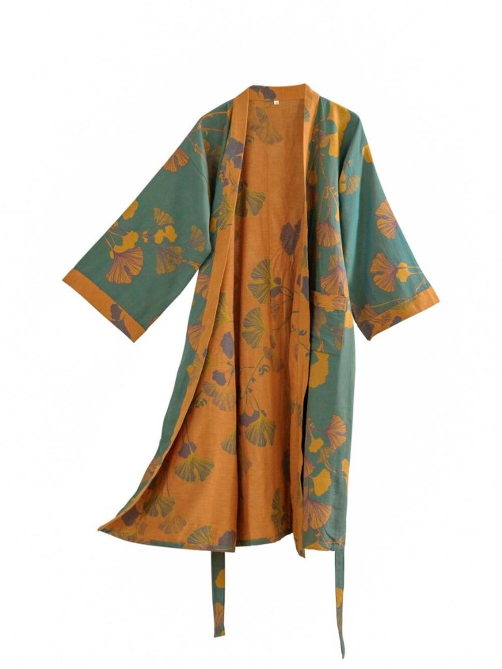 100% Cotton Gauze Ginkgo Leaf Kimono Robe, Long Knit Loose Bathrobe Nightgown